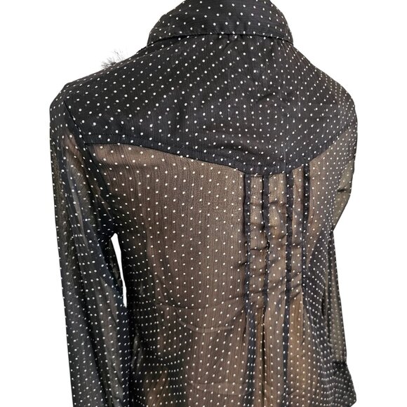 Free People Polka Dot Collared Fringe Long Sleeve Sheer Blouse Sz XS - Picture 8 of 12